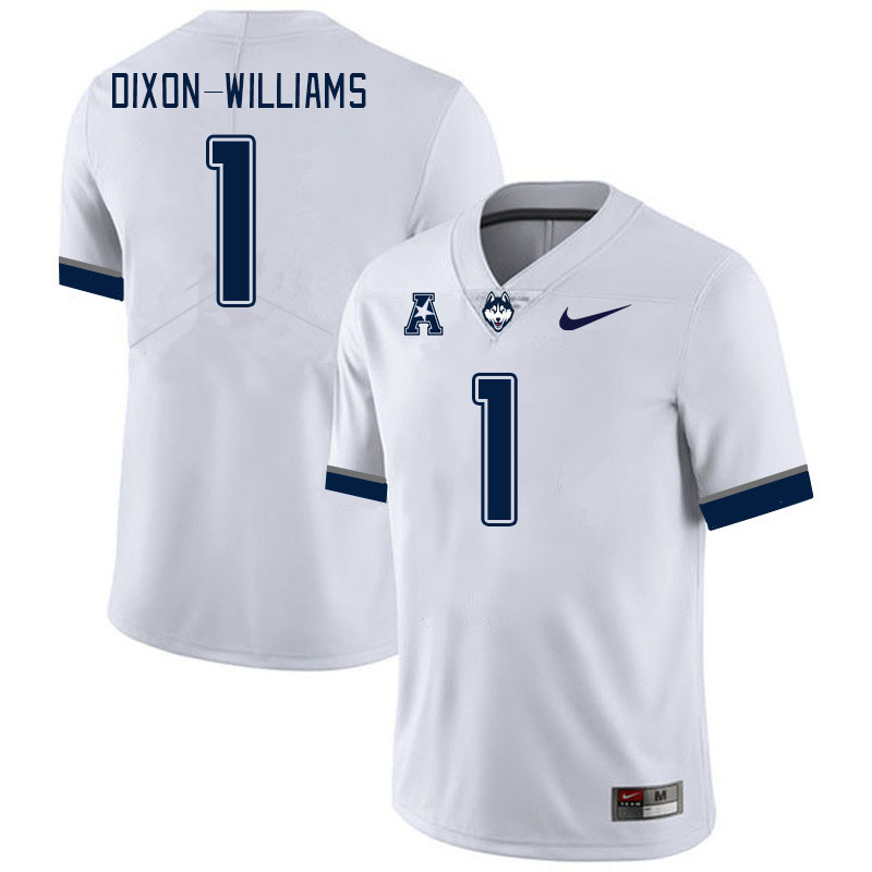 Men #1 Malik Dixon-Williams Connecticut Huskies College Football Jerseys Stitched Sale-White - Click Image to Close